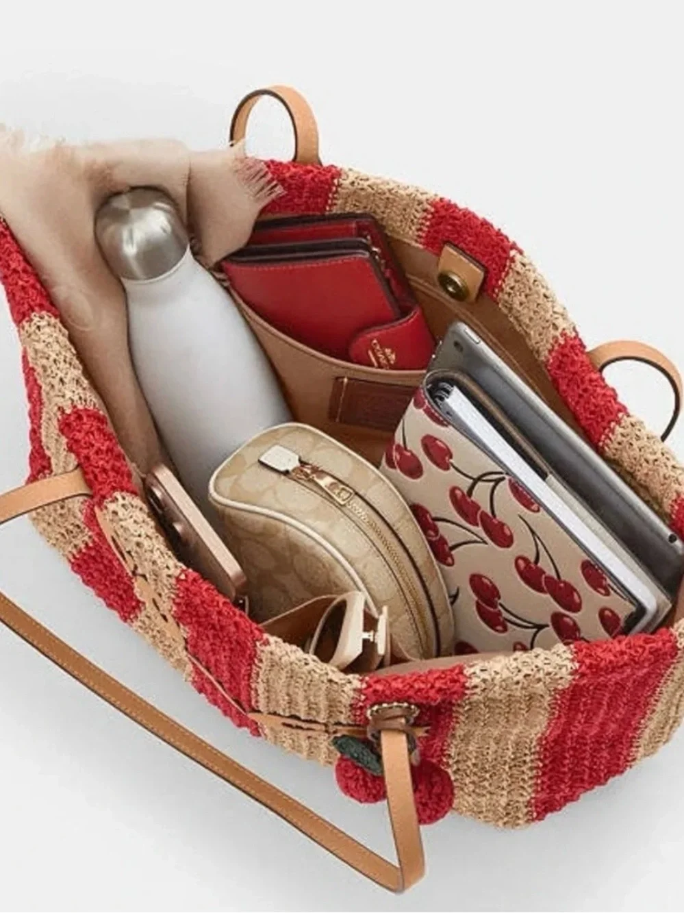 NWT COACH THE CITY TOTE BAG RED/TAN Striped Straw Tote Leather Logo, Handles.